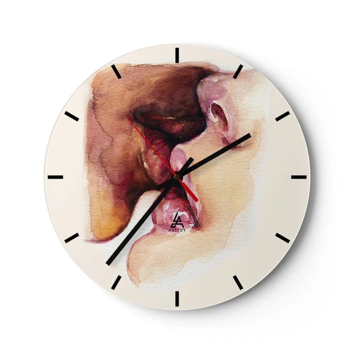 Relógio de parede - Relógio em vidro - Um beijo de dois rostos em estilo aquarela - 30x30cm - Como a noite e o dia, a terra e o céu - Decoração de parede moderna para a sala de estar, cozinha e quarto ARTTOR