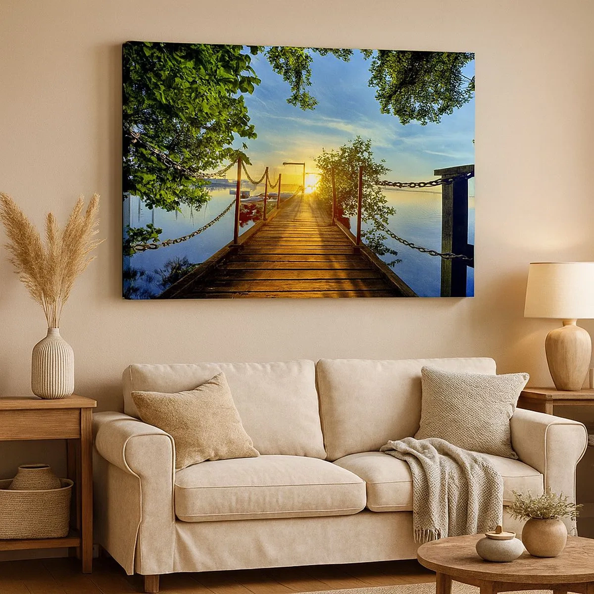 Quadro em tela - Um píer sobre o lago sob os raios do pôr do sol - 70x50cm - Oeste sobre a água - Decoração de parede moderna para a sala de estar e quarto ARTTOR