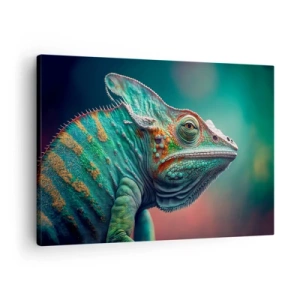 Quadro em tela - Close-up de um camaleão em cores intensas - 70x50cm - Estás a ver-me? Isso não é bom… - Decoração de parede moderna para a sala de estar e quarto ARTTOR