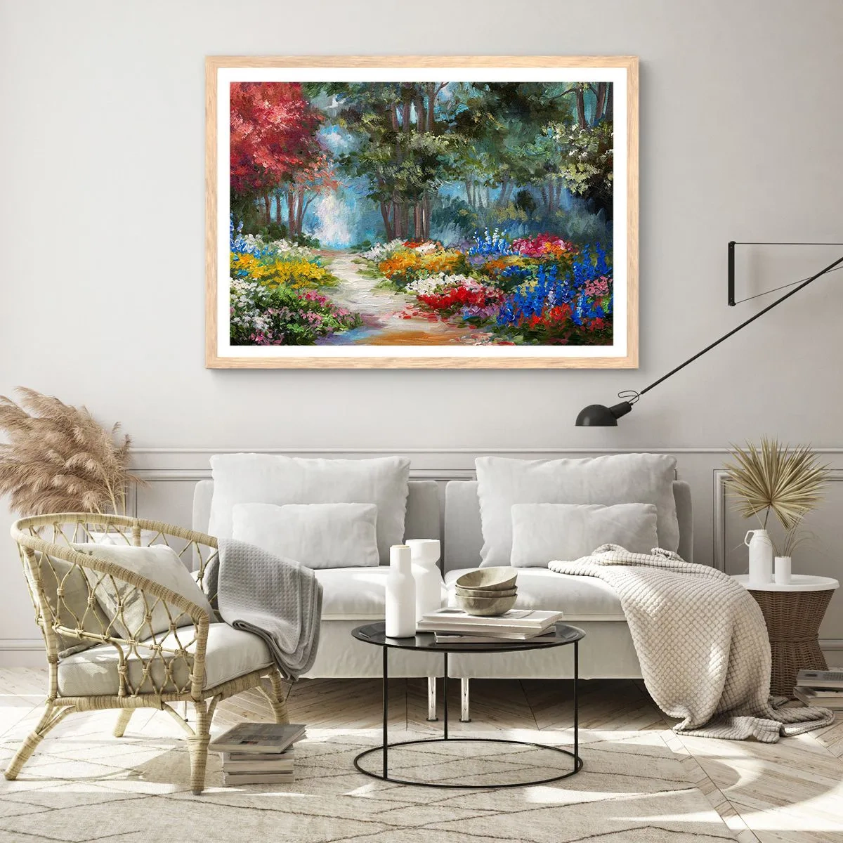 Pôster com moldura de carvalho claro - Jardim florestal, floresta florida - 100x70 cm
