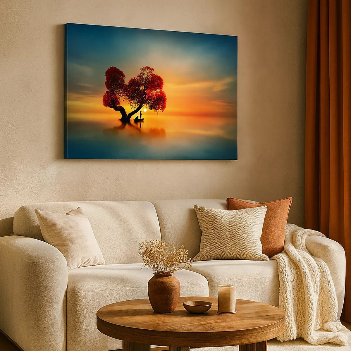 Quadro em tela - Uma árvore de folhas vermelhas e um barco na água ao pôr do sol - 70x50cm - A distância e o silêncio do mundo - Decoração de parede moderna para a sala de estar e quarto ARTTOR