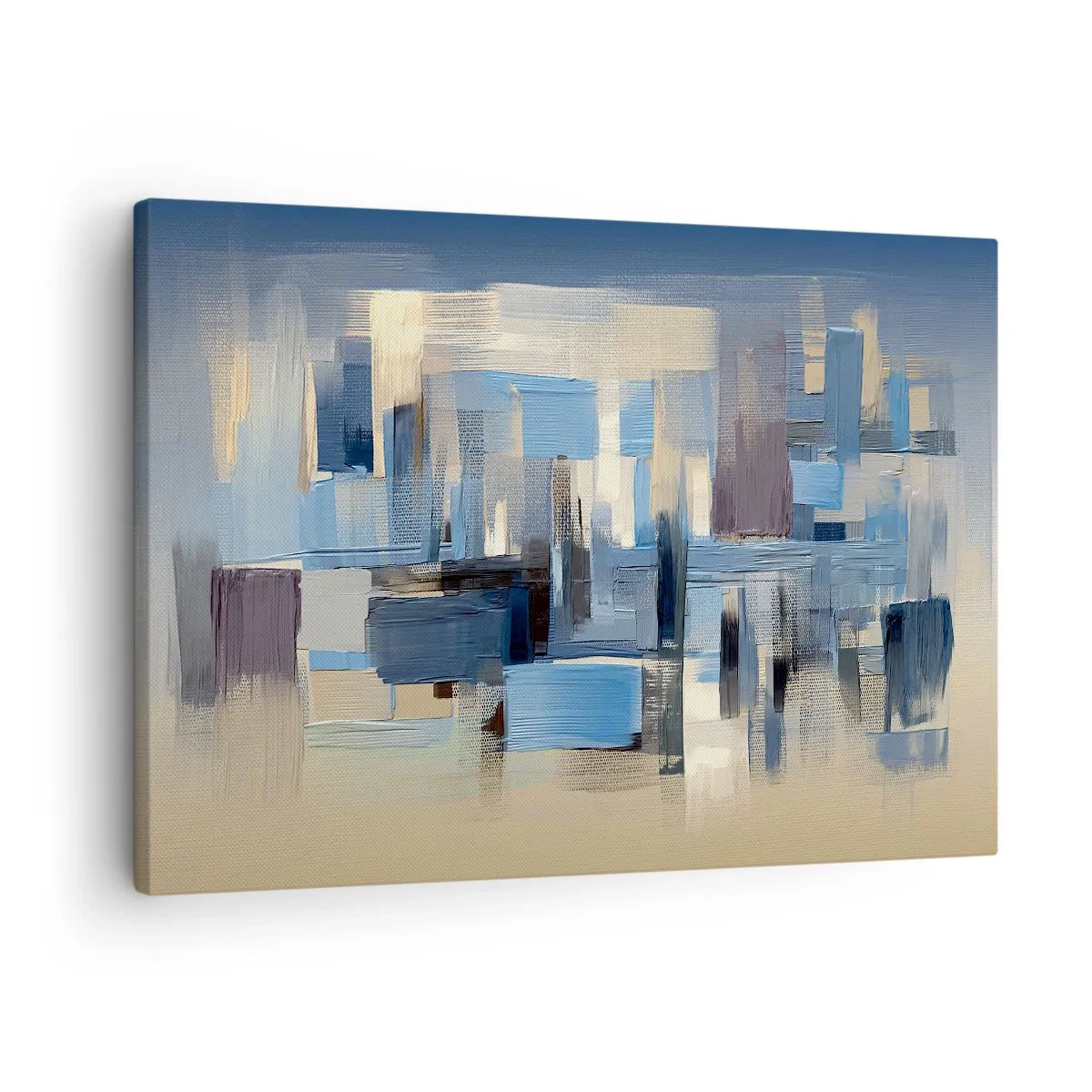 Quadro em tela - Formas geométricas em tons de azul e bege - 70x50cm - Construção azul - Decoração de parede moderna para a sala de estar e quarto ARTTOR