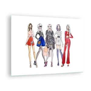 Quadro em vidro - Personagens da moda em trajes elegantes na ilustração - 70x50cm - Every week Fashion Week - Decoração de parede moderna para a sala de estar e quarto ARTTOR