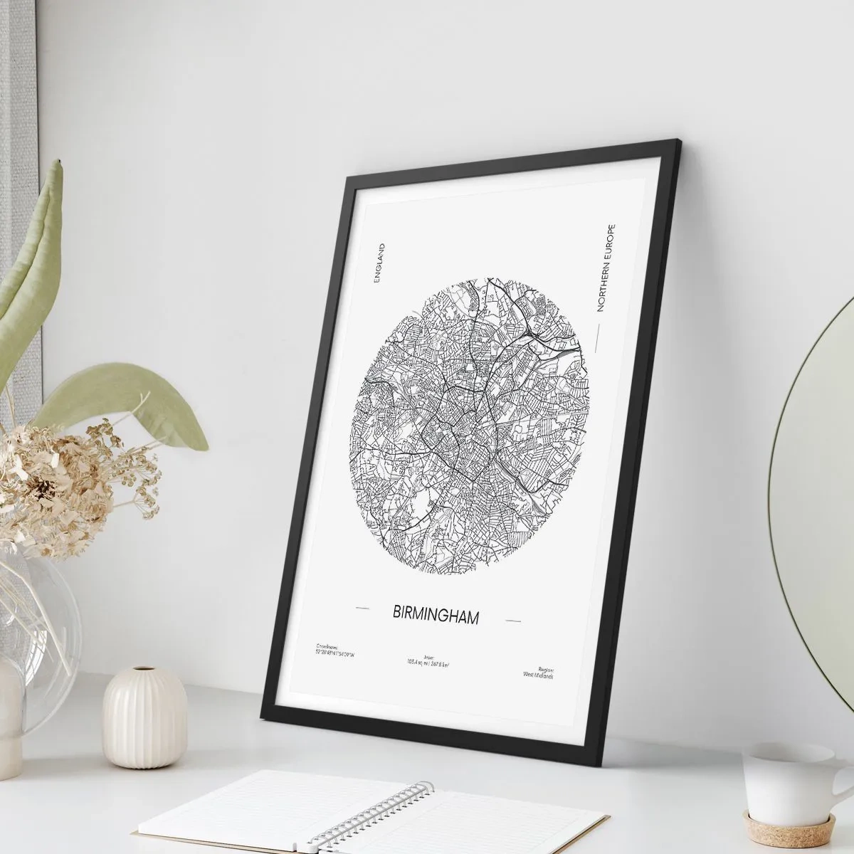 Pôster com moldura preta - Um mapa minimalista em preto e branco de Birmingham - 50x70cm - Anatomia de Birmingham - Decoração de parede moderna para a sala de estar e quarto ARTTOR