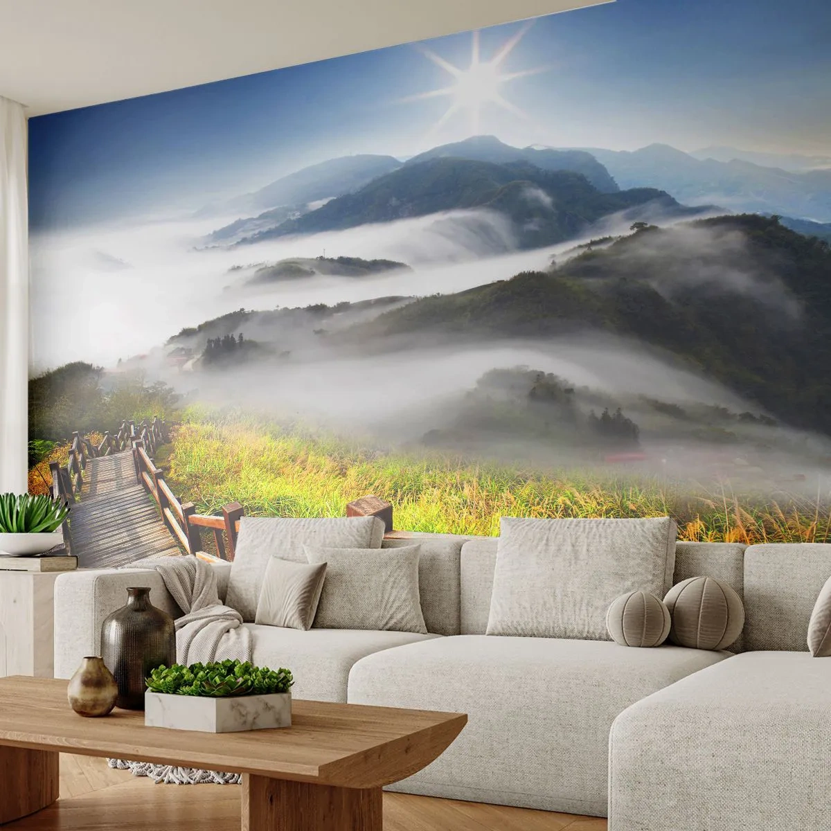 Papel de Parede Autocolante Deluxe Sticker - Tecido de brilho e névoa - Paisagem, Montanhas, Parque Nacional - 250x175 cm