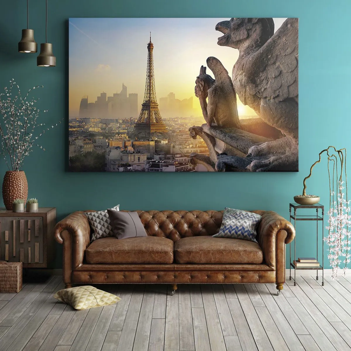 Quadro em tela - Vista da Torre Eiffel com gárgulas ao fundo - 70x50cm - Muita coisa mudou... - Decoração de parede moderna para a sala de estar e quarto ARTTOR