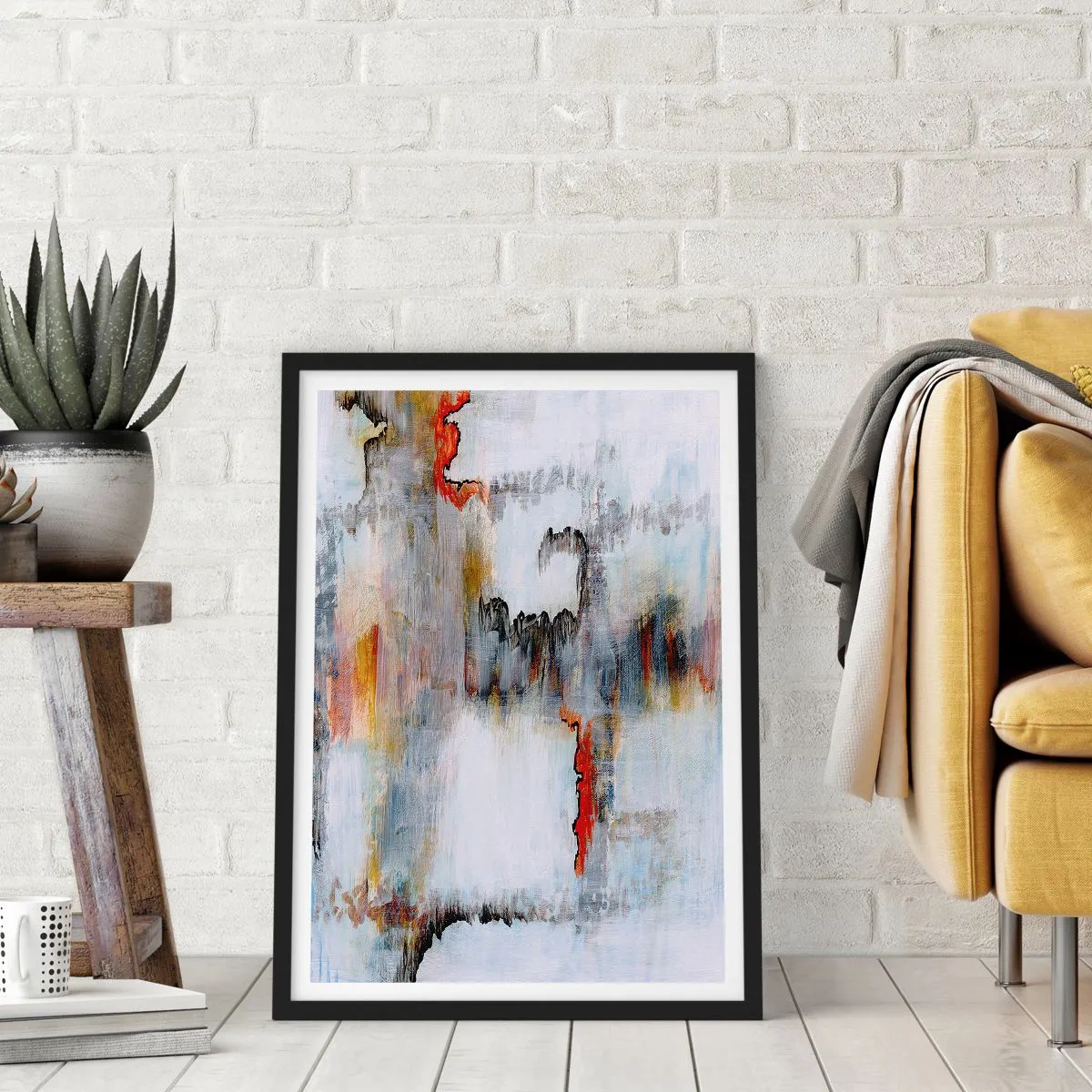 Pôster com moldura preta - Uma composição abstrata com tons de cinza e detalhes em vermelho. - 50x70cm - Com um palito na água - Decoração de parede moderna para a sala de estar e quarto ARTTOR