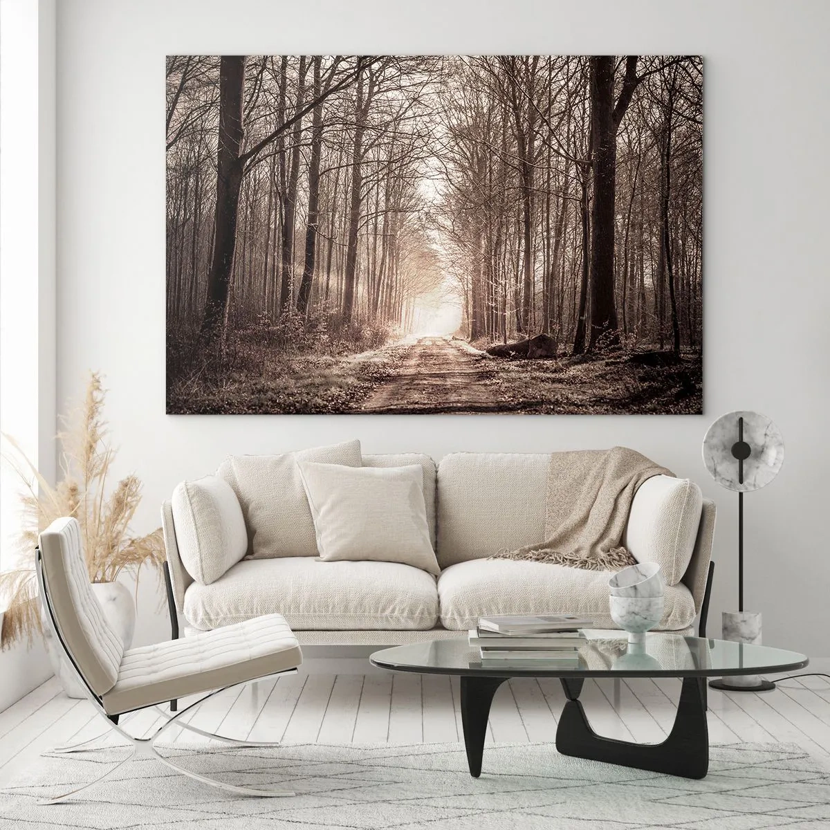 Quadro em vidro - Estrada florestal na neblina da manhã - 70x50cm - Catedral na Floresta - Decoração de parede moderna para a sala de estar e quarto ARTTOR