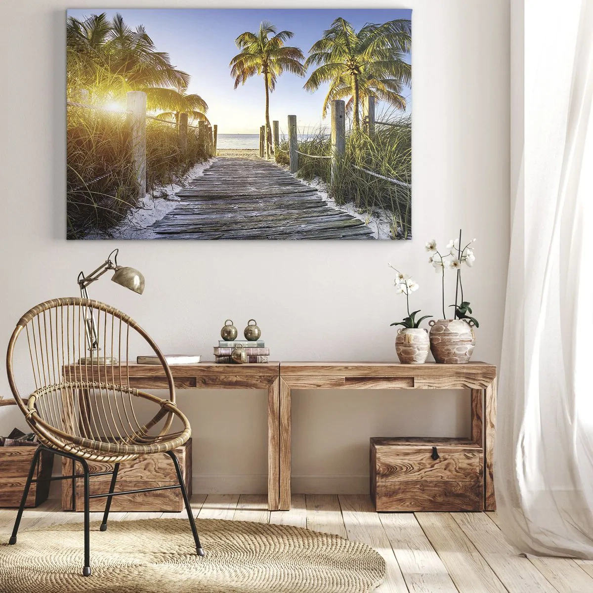 Quadro em tela - Caminho de madeira na praia com palmeiras ao fundo - 70x50cm - Direto para o paraíso - Decoração de parede moderna para a sala de estar e quarto ARTTOR