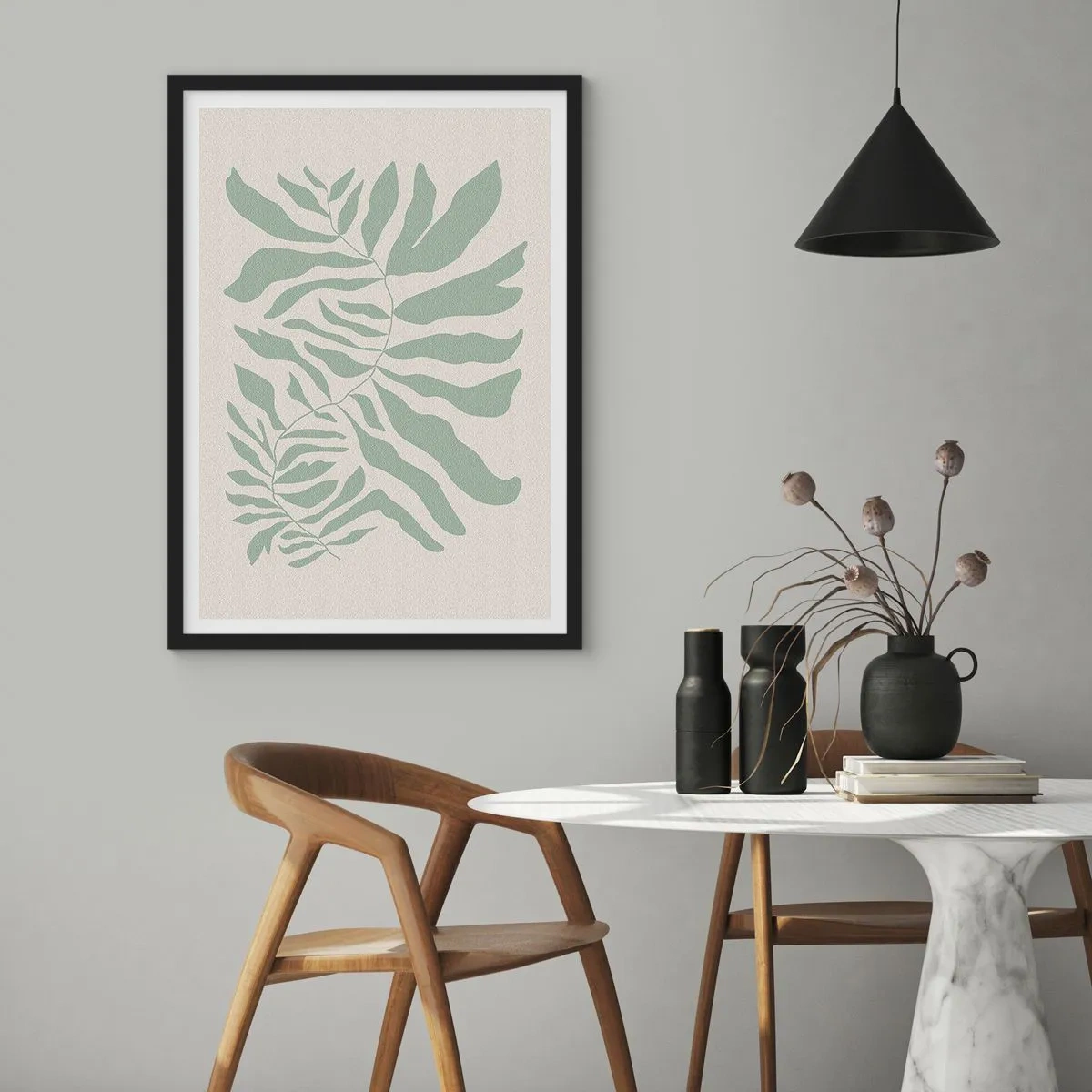 Pôster com moldura preta - Uma ilustração minimalista de planta em tons de verde - 50x70cm - Galho esmeralda - Decoração de parede moderna para a sala de estar e quarto ARTTOR