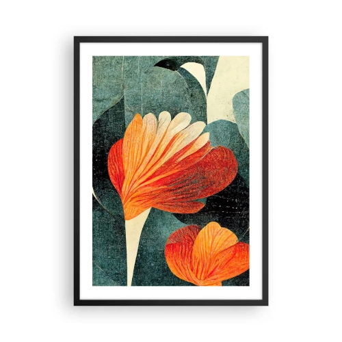 Pôster com moldura preta - Flores abstratas em tons de laranja e verde - 50x70cm - O calor dos trópicos e o frescor da vegetação - Decoração de parede moderna para a sala de estar e quarto ARTTOR