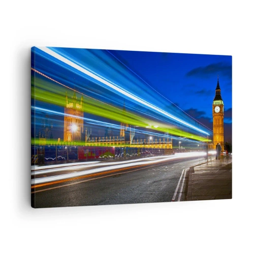 Quadro em tela - Big Ben à noite com o efeito das luzes no trânsito da rua - 70x50cm - Sob o olhar atento do Big Ben - Decoração de parede moderna para a sala de estar e quarto ARTTOR