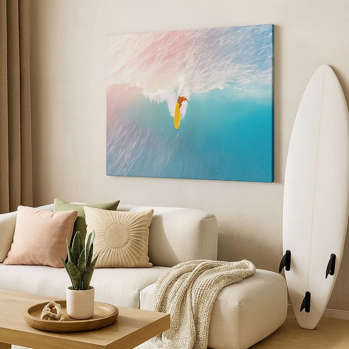 Quadro em tela - Surfista em uma onda em tons pastéis - 70x50cm - Cavaleiro oceânico - Decoração de parede moderna para a sala de estar e quarto ARTTOR