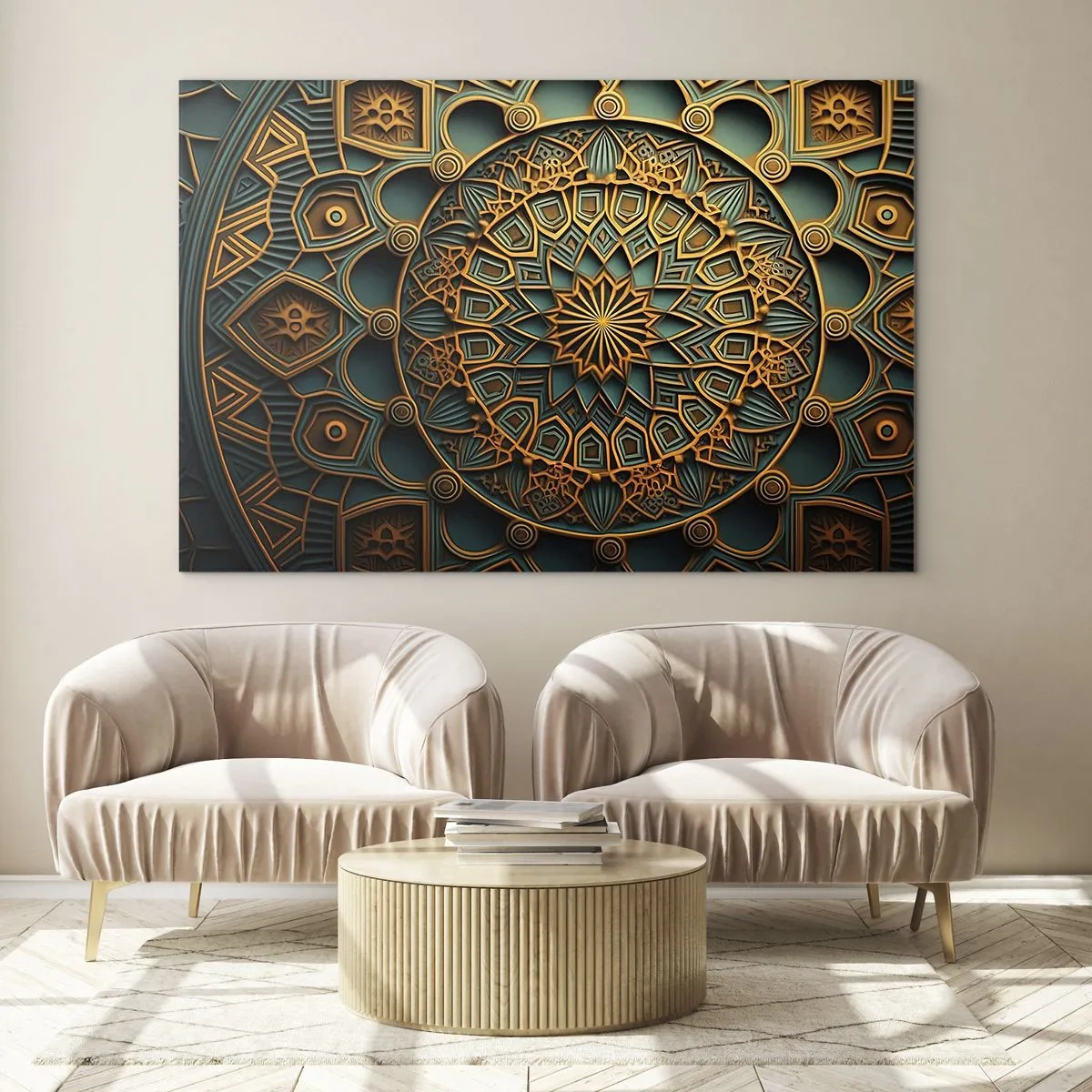 Quadro em vidro - Ornamento de ouro e turquesa no estilo de um mosaico árabe - 70x50cm - Em uma atmosfera árabe - Decoração de parede moderna para a sala de estar e quarto ARTTOR