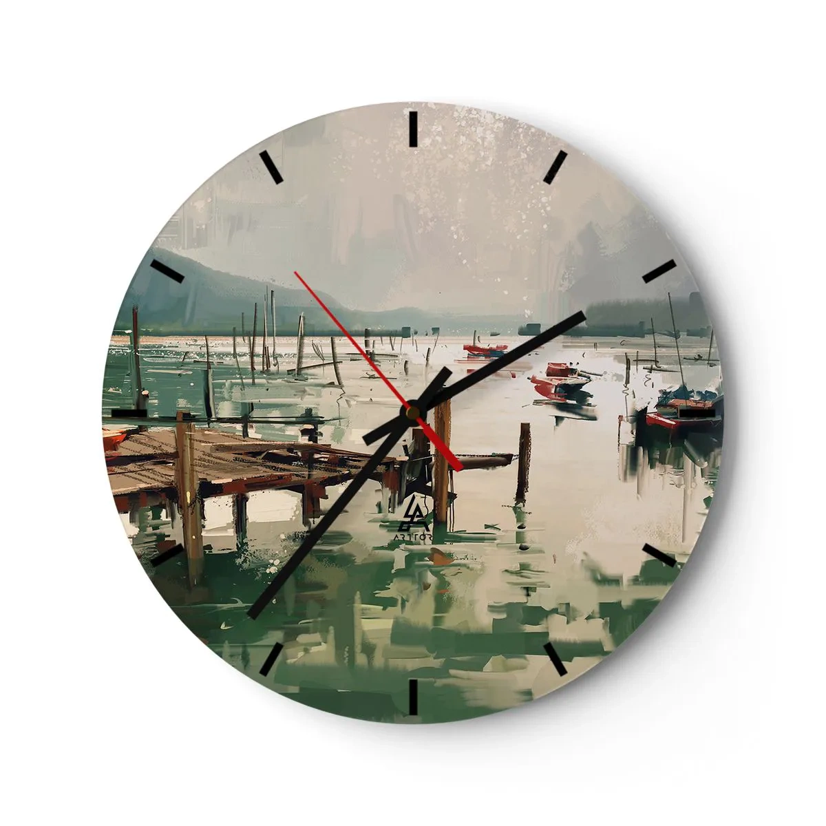 Relógio de parede - Relógio em vidro - Um píer atmosférico com barcos em águas calmas - 30x30cm - Mergulhado na lua derretida - Decoração de parede moderna para a sala de estar, cozinha e quarto ARTTOR