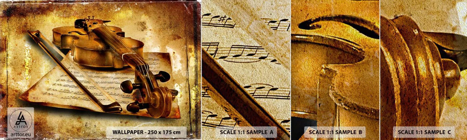 Amostra de papel de parede Premium Sand - Precisa-se de virtuoso - Violino, Música, Notas musicais - 100x30 cm