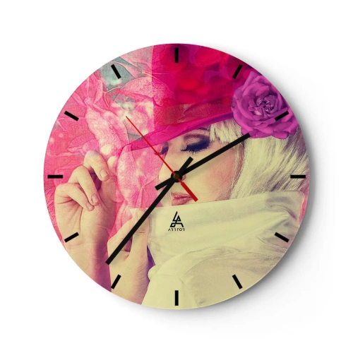 Relógio de parede - Relógio em vidro - Retrato estilizado de uma mulher em tons de rosa e branco - 30x30cm - Retrato retro em rosa - Decoração de parede moderna para a sala de estar, cozinha e quarto ARTTOR