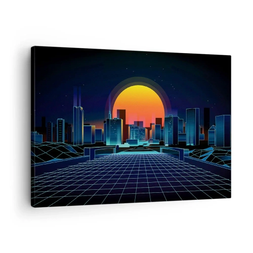 Quadro em tela - Horizonte urbano futurista em estilo neon - 70x50cm - Ainda quer ir para o mundo real? - Decoração de parede moderna para a sala de estar e quarto ARTTOR