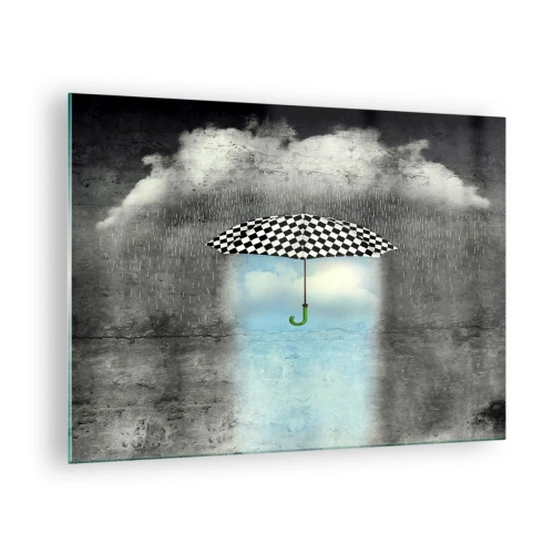 Quadro em vidro - Um guarda-chuva xadrez preto e branco contra um fundo de chuva e nuvens - 70x50cm - No entanto, é possível - Decoração de parede moderna para a sala de estar e quarto ARTTOR