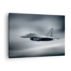 Quadro em tela - Um jato de caça em voo contra um céu nublado - 70x50cm - Vai lançar o desafio? - Decoração de parede moderna para a sala de estar e quarto ARTTOR