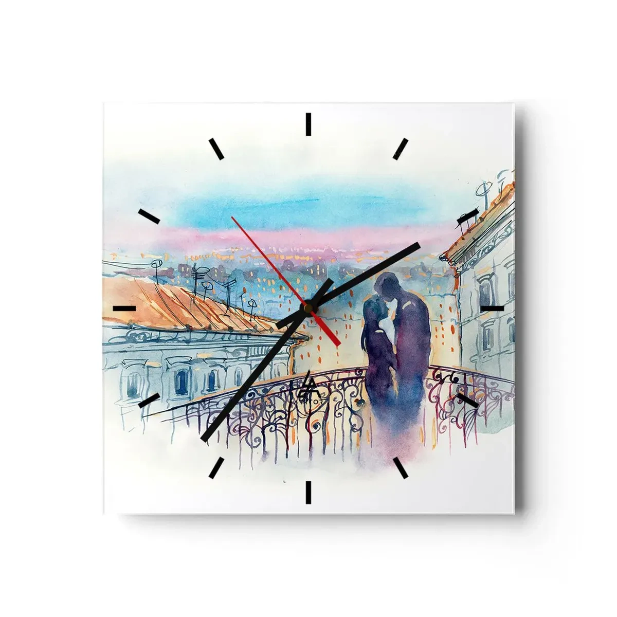 Relógio de parede - Relógio em vidro - Amantes parisienses - 30x30 cm