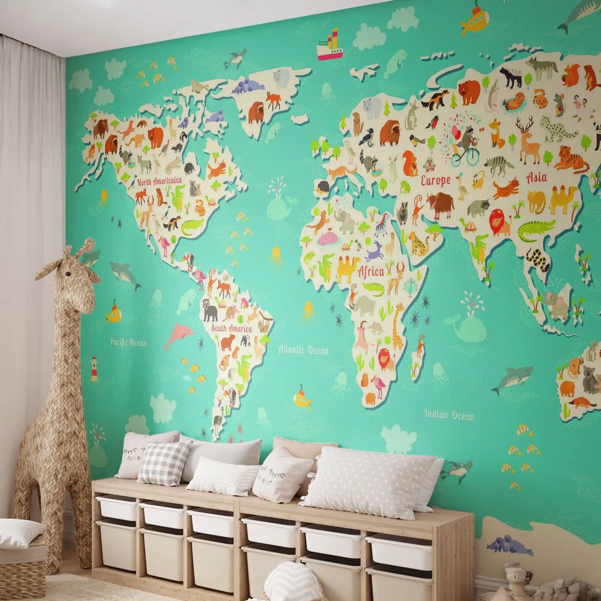 Papel de Parede Premium Sand - Nós amamos o mundo inteiro - Mapa mundial, Animais, Para crianças - 100x70 cm