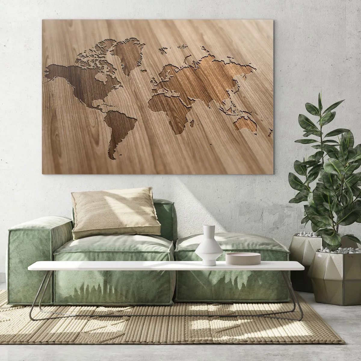 Quadro em vidro - Um mapa do mundo cortado em uma superfície de madeira - 70x50cm - O mundo servido na mesa - Decoração de parede moderna para a sala de estar e quarto ARTTOR