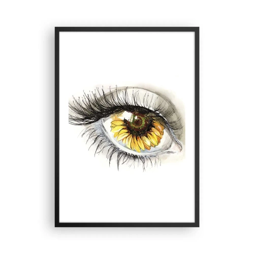 Pôster com moldura preta - Um olho com uma flor de girassol amarela na pupila - 50x70cm - Um olhar tão quente como o verão - Decoração de parede moderna para a sala de estar e quarto ARTTOR