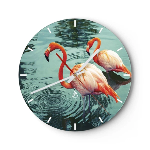 Relógio de parede - Relógio em vidro - Dois flamingos na água com seu reflexo na superfície calma - 30x30cm - Estamos na moda agora - Decoração de parede moderna para a sala de estar, cozinha e quarto ARTTOR