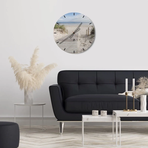 Relógio de parede - Relógio em vidro - Caminho de madeira que leva à praia com vista para o mar - 30x30cm - Pelo horizonte - Decoração de parede moderna para a sala de estar, cozinha e quarto ARTTOR