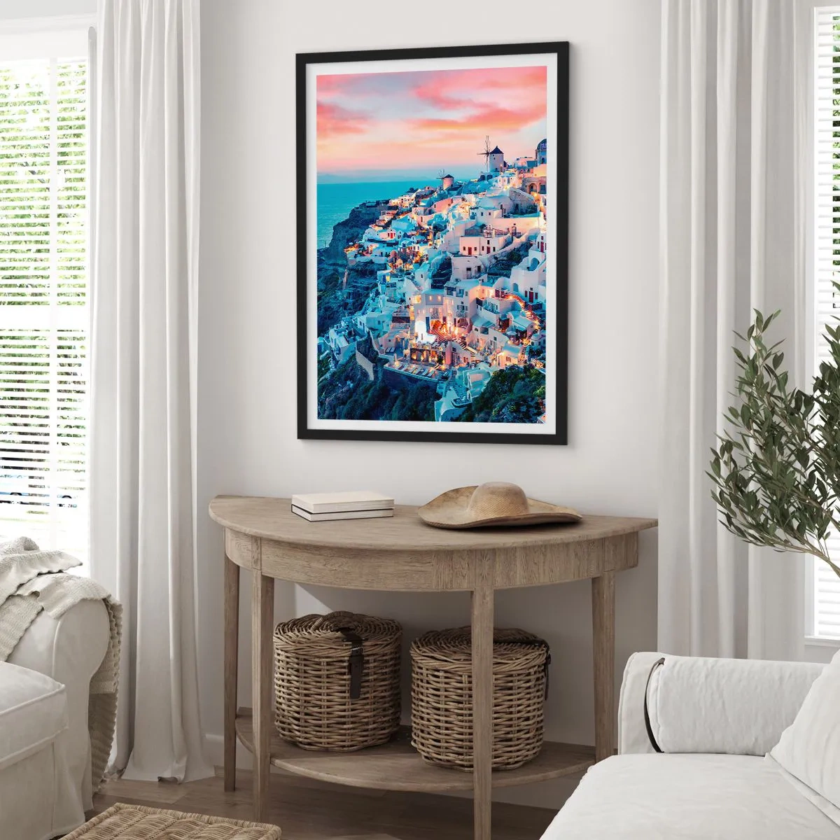 Pôster com moldura preta - Vista pitoresca das casas iluminadas em Santorini ao pôr do sol - 50x70cm - As suas grandes férias gregas - Decoração de parede moderna para a sala de estar e quarto ARTTOR