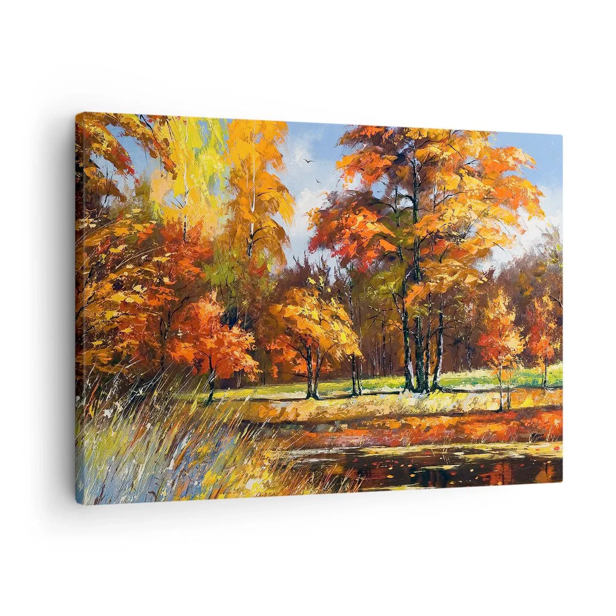 Quadro em tela - Paisagem de outono com árvores coloridas e um lago - 70x50cm - Paisagem em ouro e bronze - Decoração de parede moderna para a sala de estar e quarto ARTTOR