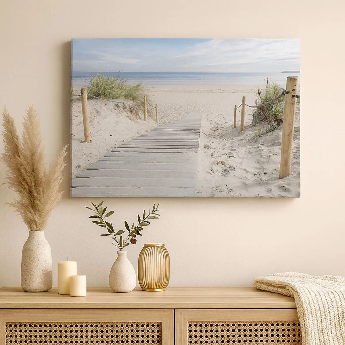 Quadro em tela - Um caminho de tábuas que leva a uma praia de areia - 70x50cm - Pelo horizonte - Decoração de parede moderna para a sala de estar e quarto ARTTOR