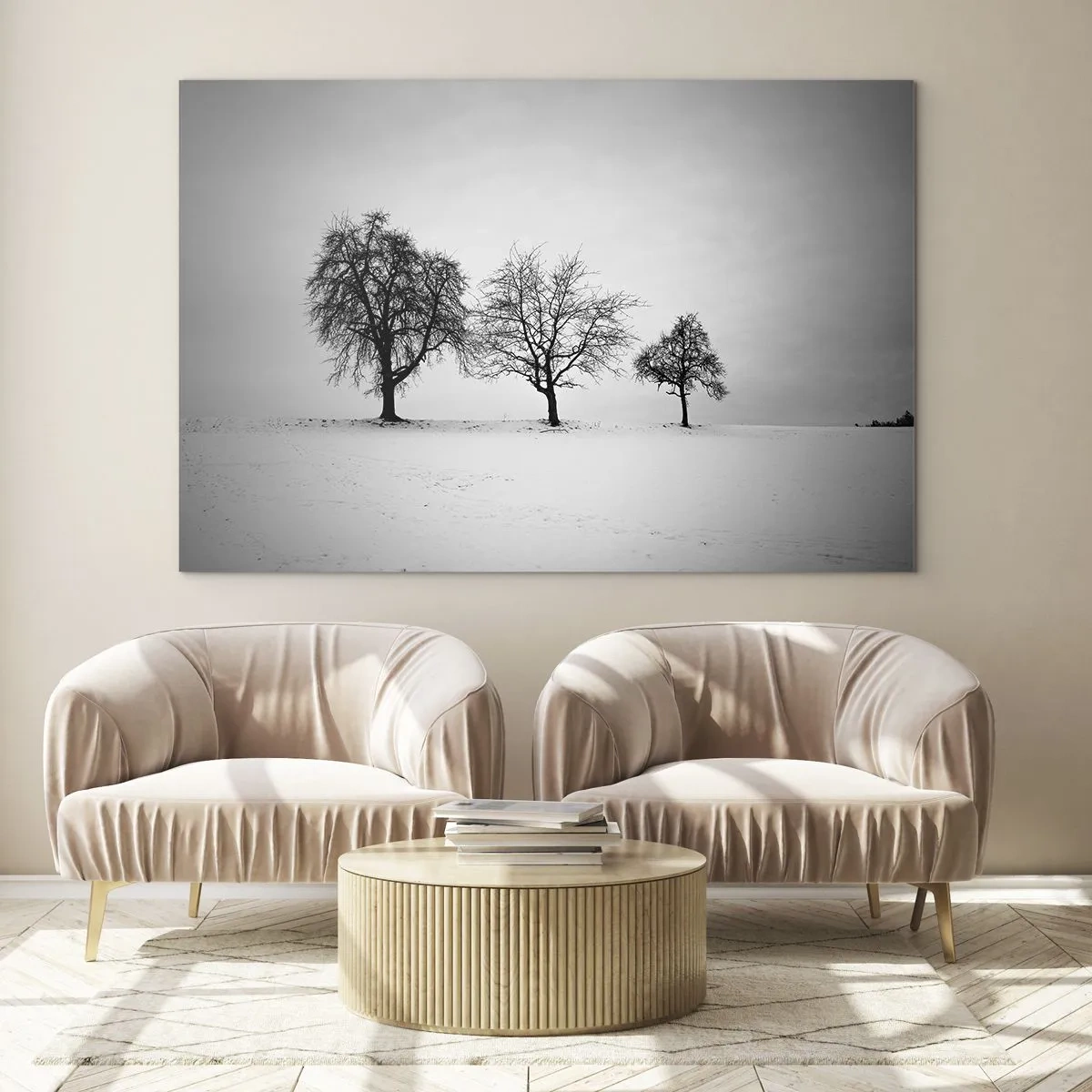 Quadro em vidro - Três árvores solitárias em uma área coberta de neve - 70x50cm - Com que sonham elas? - Decoração de parede moderna para a sala de estar e quarto ARTTOR