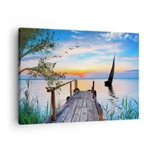 Quadro em tela - Píer do lago com barco e pôr do sol - 70x50cm - Boa noite - Decoração de parede moderna para a sala de estar e quarto ARTTOR