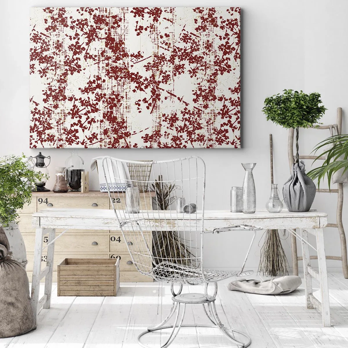 Quadro em tela - Flores vermelhas sobre fundo branco em estilo artístico - 70x50cm - Como chita antiga - Decoração de parede moderna para a sala de estar e quarto ARTTOR