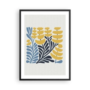 Pôster com moldura preta - Flores estilizadas amarelas e azul-marinho em estilo minimalista - 50x70cm - Canteiro de flores ensolarado - Decoração de parede moderna para a sala de estar e quarto ARTTOR