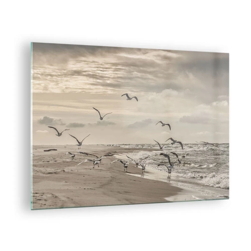 Quadro em vidro - Pássaros na praia ao amanhecer em tons sépia - 70x50cm - O som do mar, o canto dos pássaros - Decoração de parede moderna para a sala de estar e quarto ARTTOR