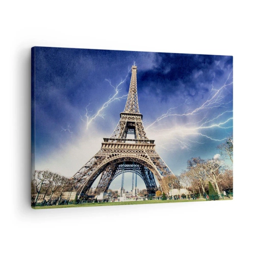 Quadro em tela - A Torre Eiffel com um céu tempestuoso e relâmpagos ao fundo - 70x50cm - Senhora das Tempestades - Decoração de parede moderna para a sala de estar e quarto ARTTOR