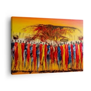 Quadro em tela - Uma cena colorida com figuras africanas tendo como pano de fundo o pôr do sol. - 70x50cm - Lá, lá, lá vão eles - Decoração de parede moderna para a sala de estar e quarto ARTTOR