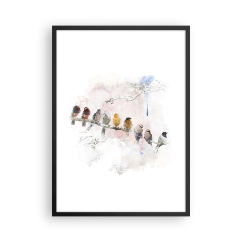 Pôster com moldura preta - Pássaros sentados em um galho em estilo aquarela - 50x70cm - Reunião alada - Decoração de parede moderna para a sala de estar e quarto ARTTOR