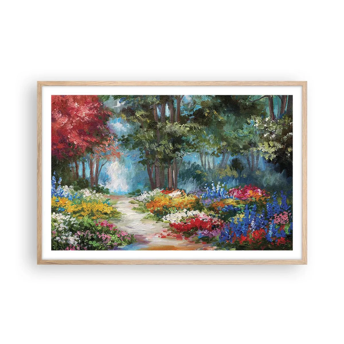 Pôster com moldura de carvalho claro - Jardim florestal, floresta florida - 91x61 cm
