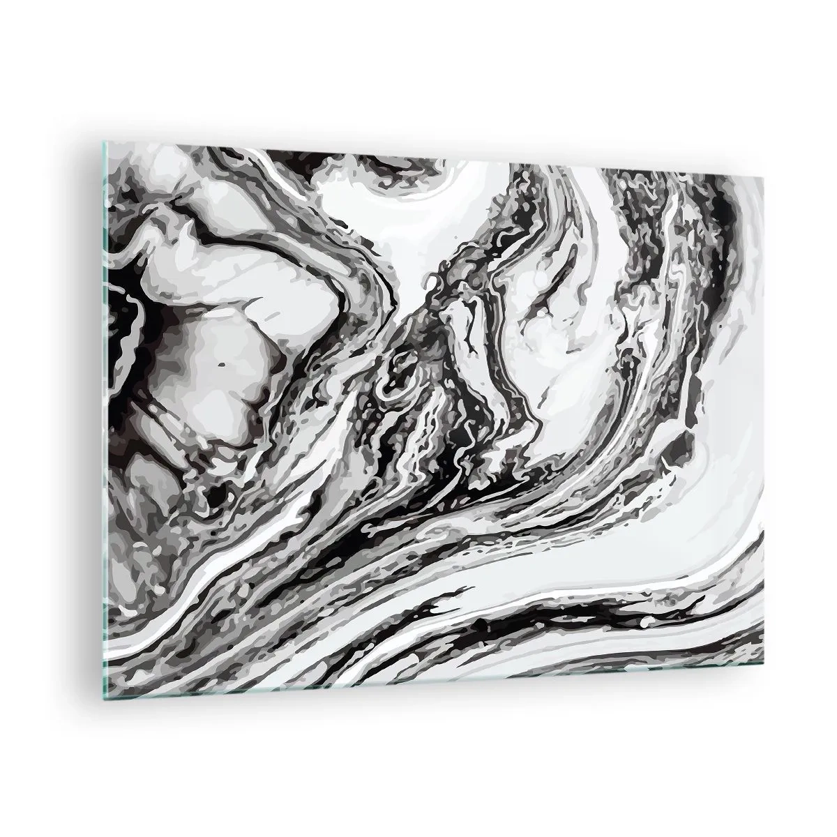 Quadro em vidro - Um padrão abstrato em tons de preto e branco que lembra ondas. - 70x50cm - No princípio, era o caos - Decoração de parede moderna para a sala de estar e quarto ARTTOR