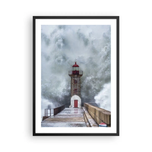 Pôster com moldura preta - Um farol cercado por ondas poderosas durante uma tempestade - 50x70cm - O rugido das águas, o som do vento - Decoração de parede moderna para a sala de estar e quarto ARTTOR