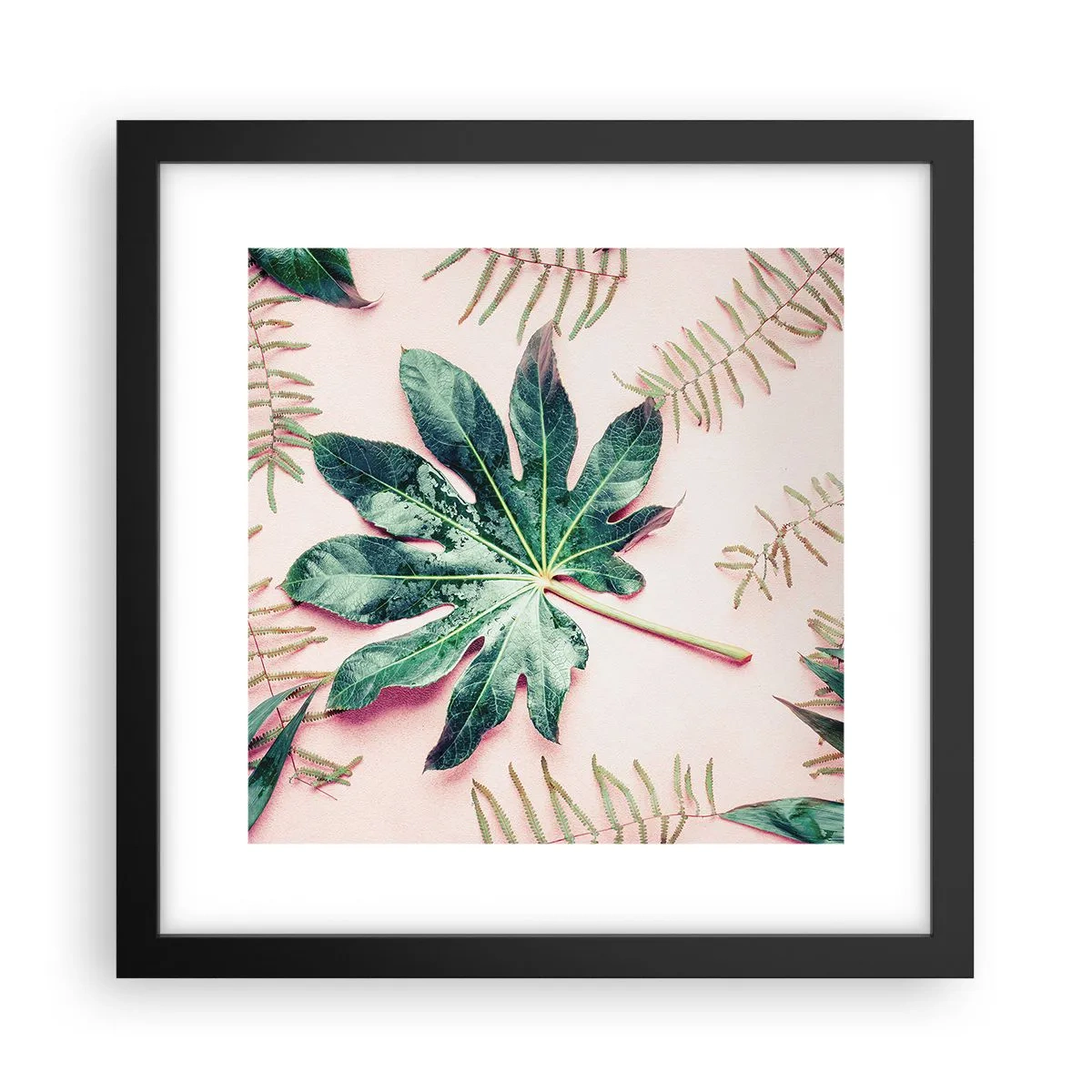 Pôster com moldura preta - Estudo do verde em um fundo rosa - 30x30 cm