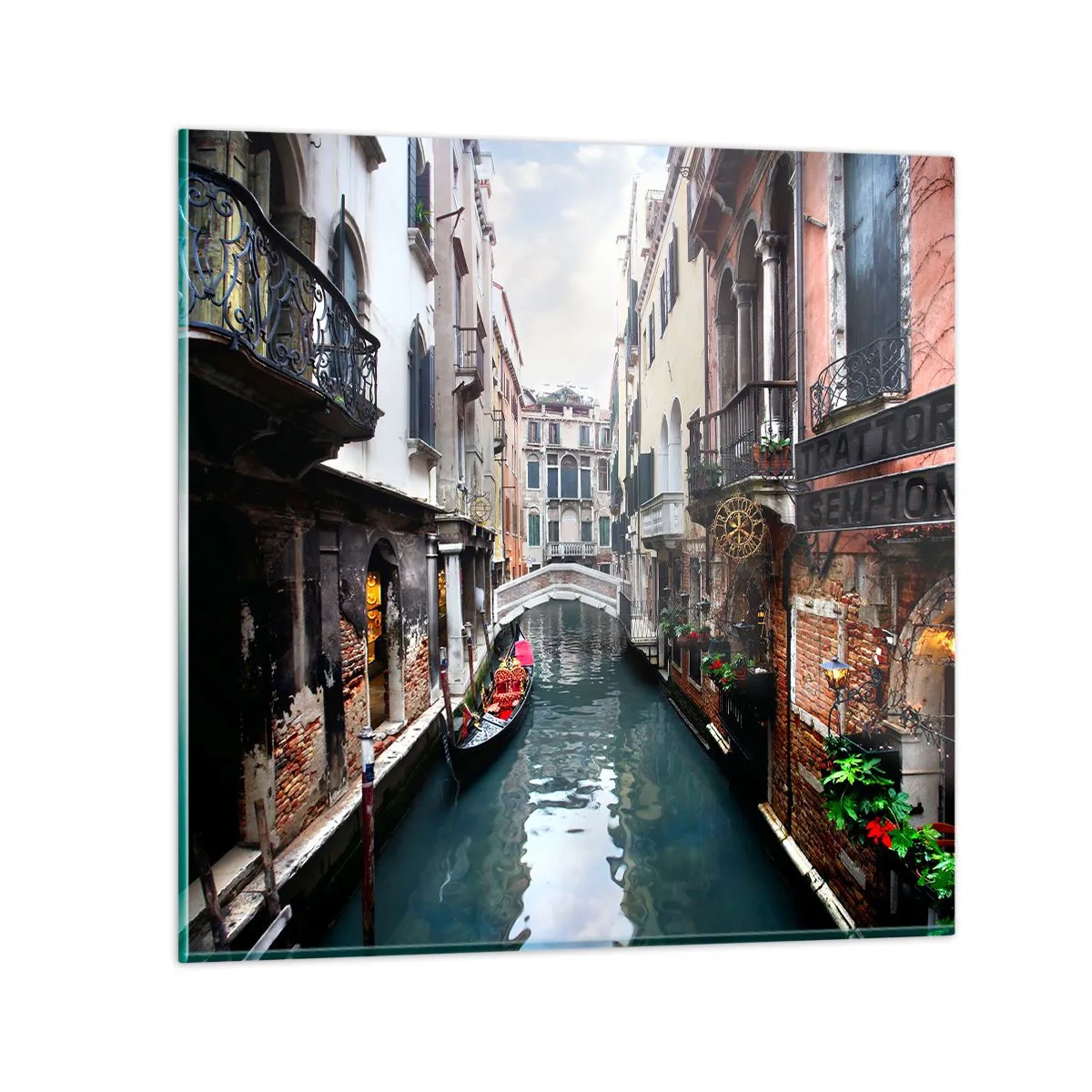 Quadro em vidro - Paisagem veneziana com gôndola e ponte - 60x60 cm