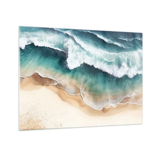 Quadro em vidro - Ondas do oceano quebrando em uma praia de areia dourada - 70x50cm - O eterno encontro - Decoração de parede moderna para a sala de estar e quarto ARTTOR