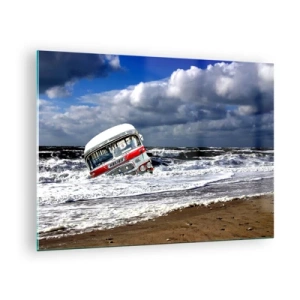 Quadro em vidro - Um velho ônibus nas águas de um mar tempestuoso - 70x50cm - E por que a surpresa? - Decoração de parede moderna para a sala de estar e quarto ARTTOR