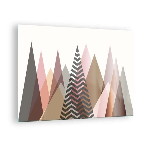 Quadro em vidro - Montanhas geométricas em tons pastéis com um padrão central - 70x50cm - Vista piramidal - Decoração de parede moderna para a sala de estar e quarto ARTTOR