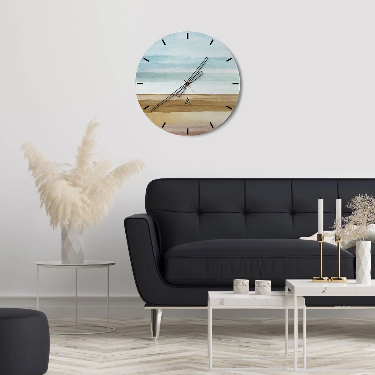 Relógio de parede - Relógio em vidro - Uma paisagem delicada com praia e céu azul - 30x30cm - Serenidade - Decoração de parede moderna para a sala de estar, cozinha e quarto ARTTOR